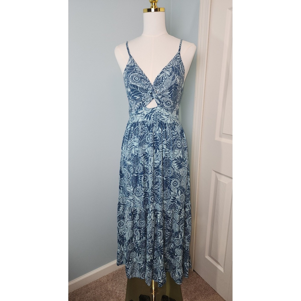 Angie Floral Cutout Midi Dress Womens XS Blue Boho Smocked Back Rayon